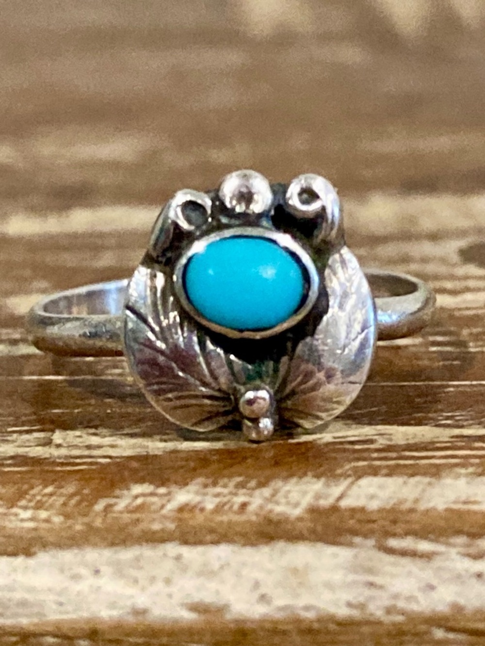 Super Tiny Silver Tone Ring with Turquoise Colored Center • Size 2.25 - Picture 7 of 16